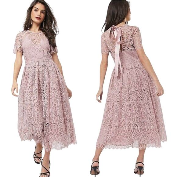 ASOS Lace Overlay Midi Dress Fit & Flare Open Back Ribbon Bow Mauve Womens 0 - Picture 1 of 9
